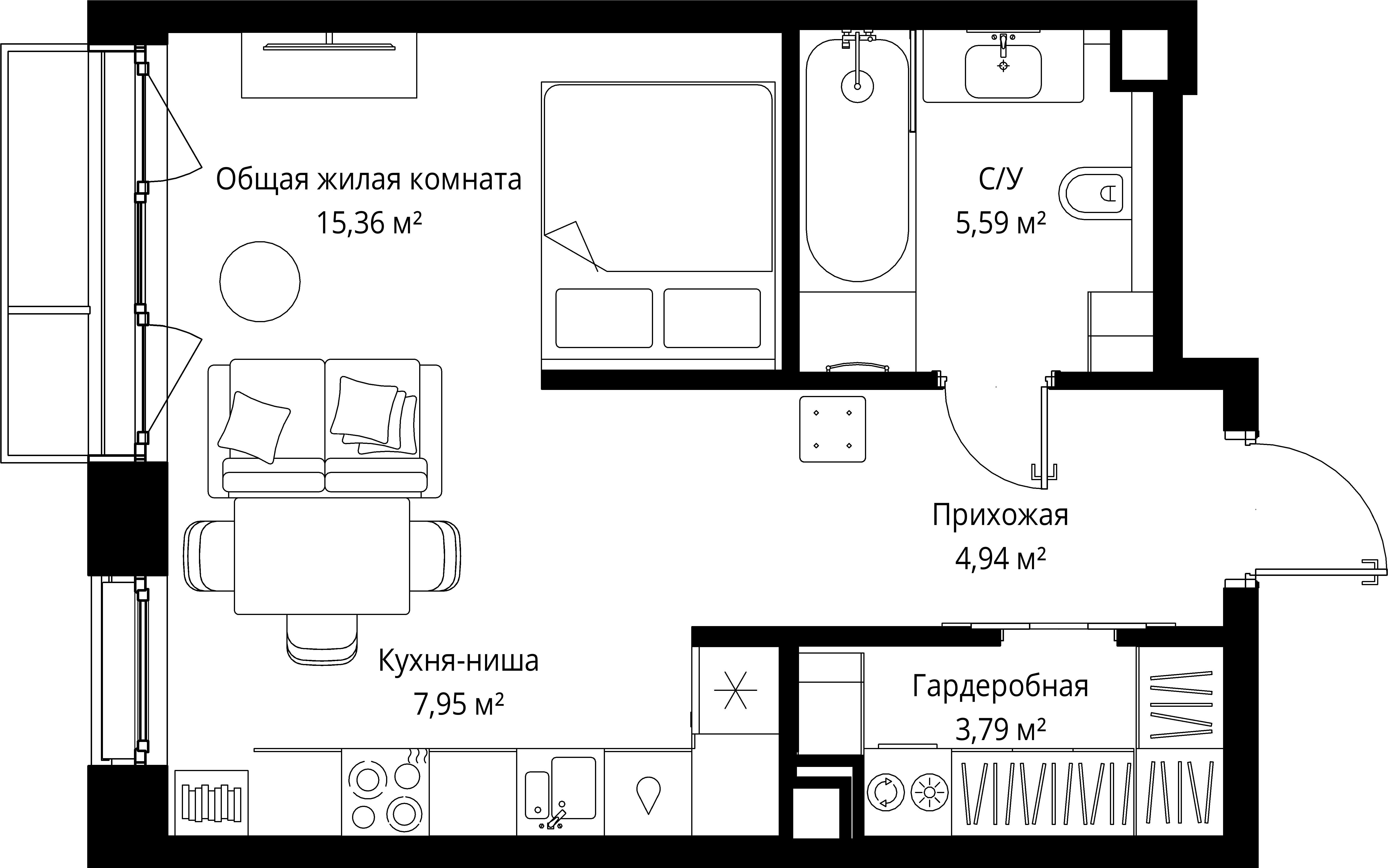 1-комнатная 37 м2 в ЖК МЫС корпус null этаж 7