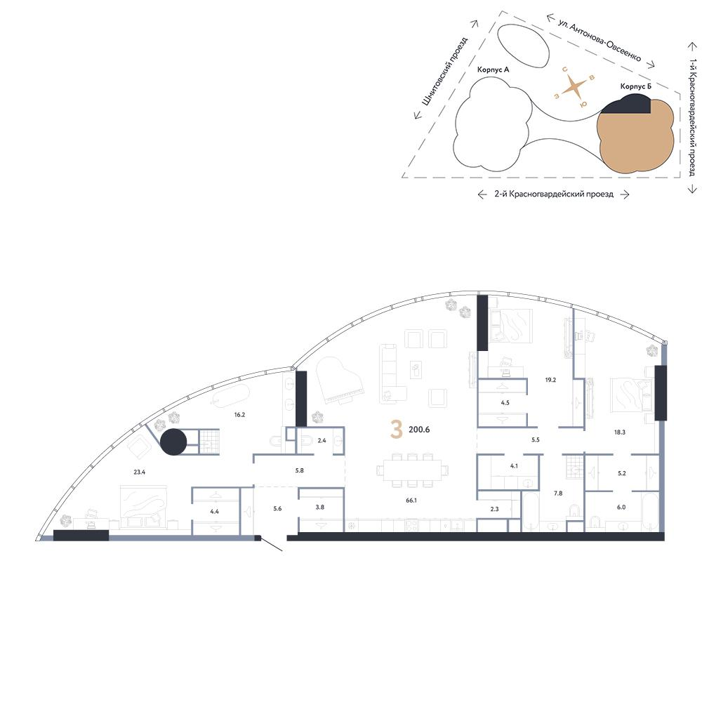 3-комнатная 200 м2 в ЖК АУРУС Резиденции корпус null этаж 45