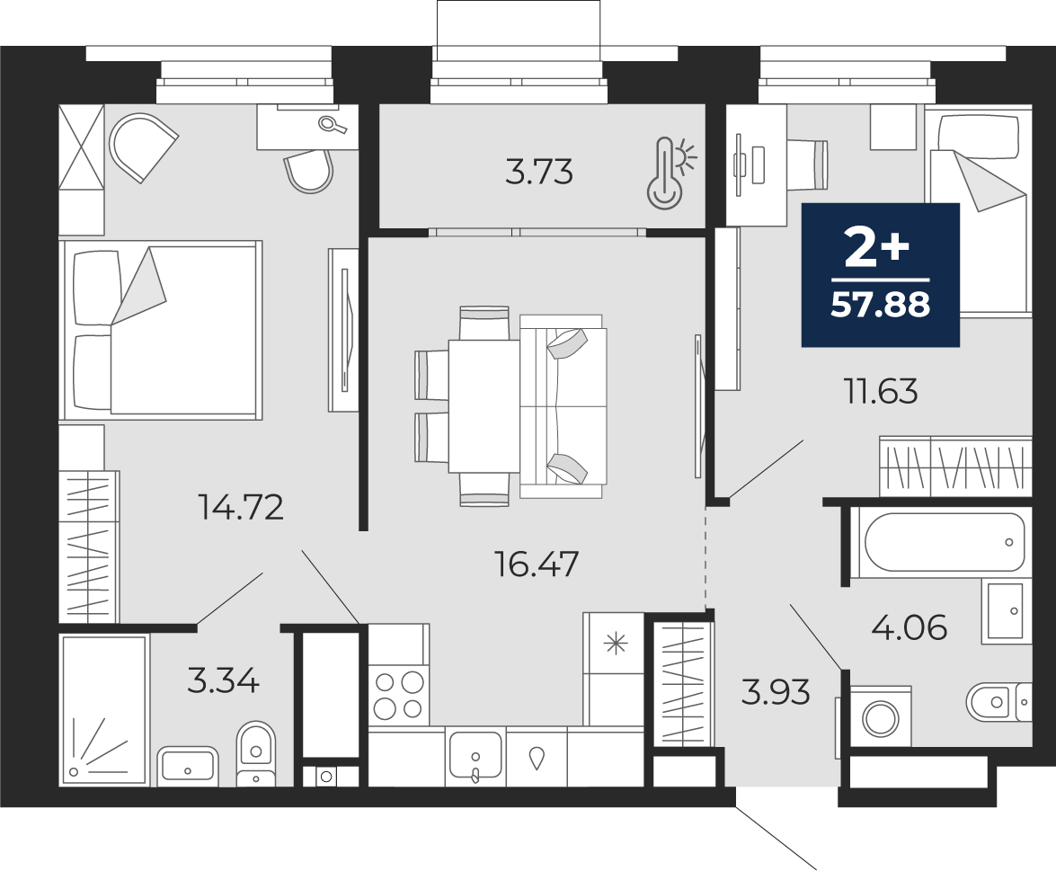 2-комнатная 57 м2 в ЖК Мириады корпус null этаж 2