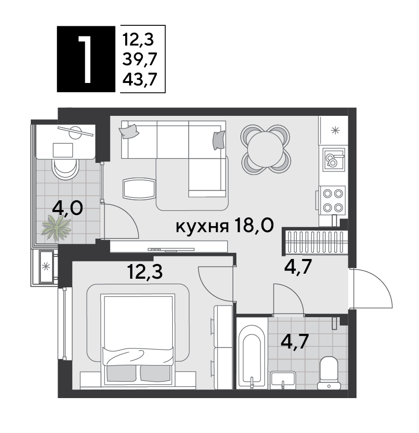 1-комнатная 42 м2 в ЖК Парк Победы 2 корпус null этаж 2