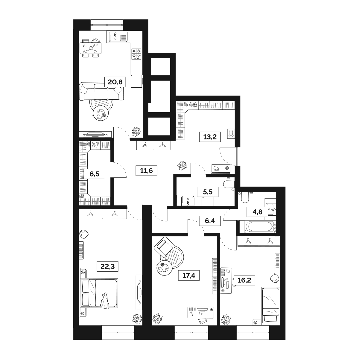3-комнатная 124 м2 в ЖК Лайм корпус null этаж 3