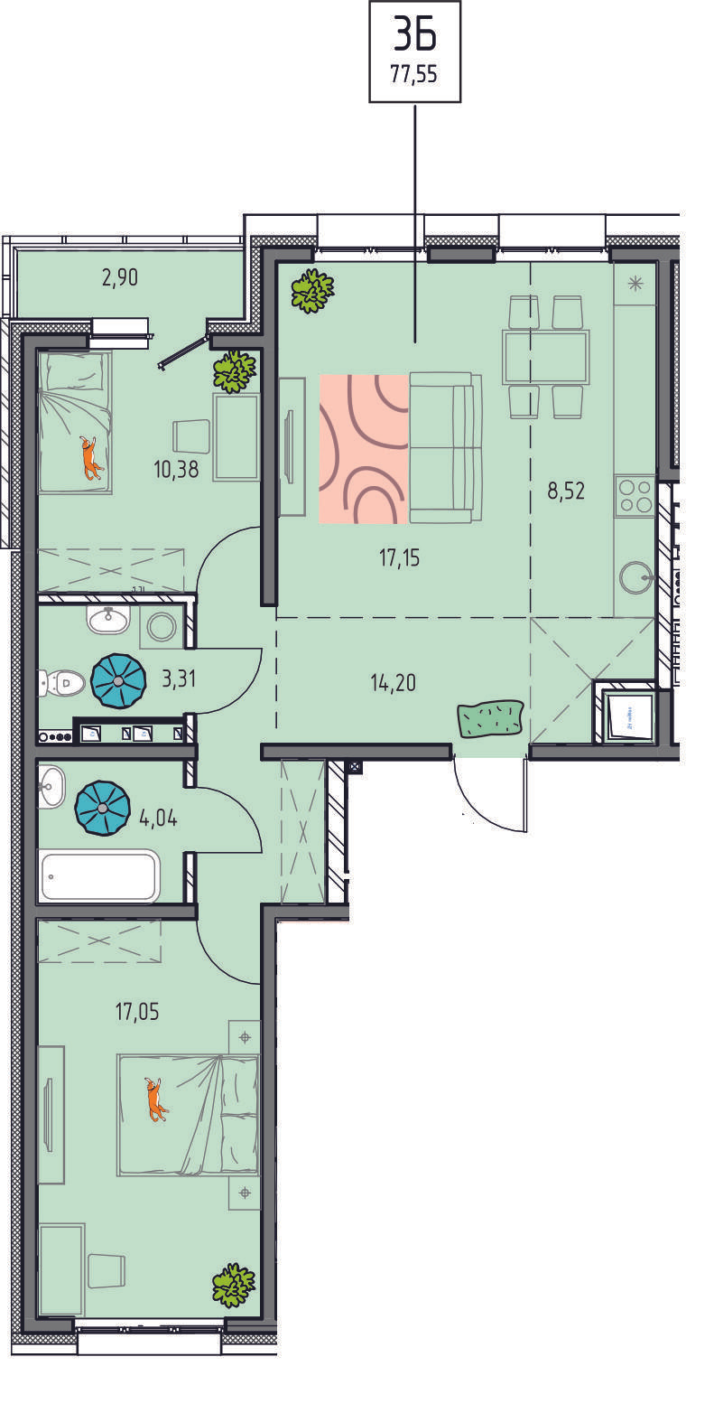 3-комнатная 77 м2 в ЖК Лотос корпус null этаж 8