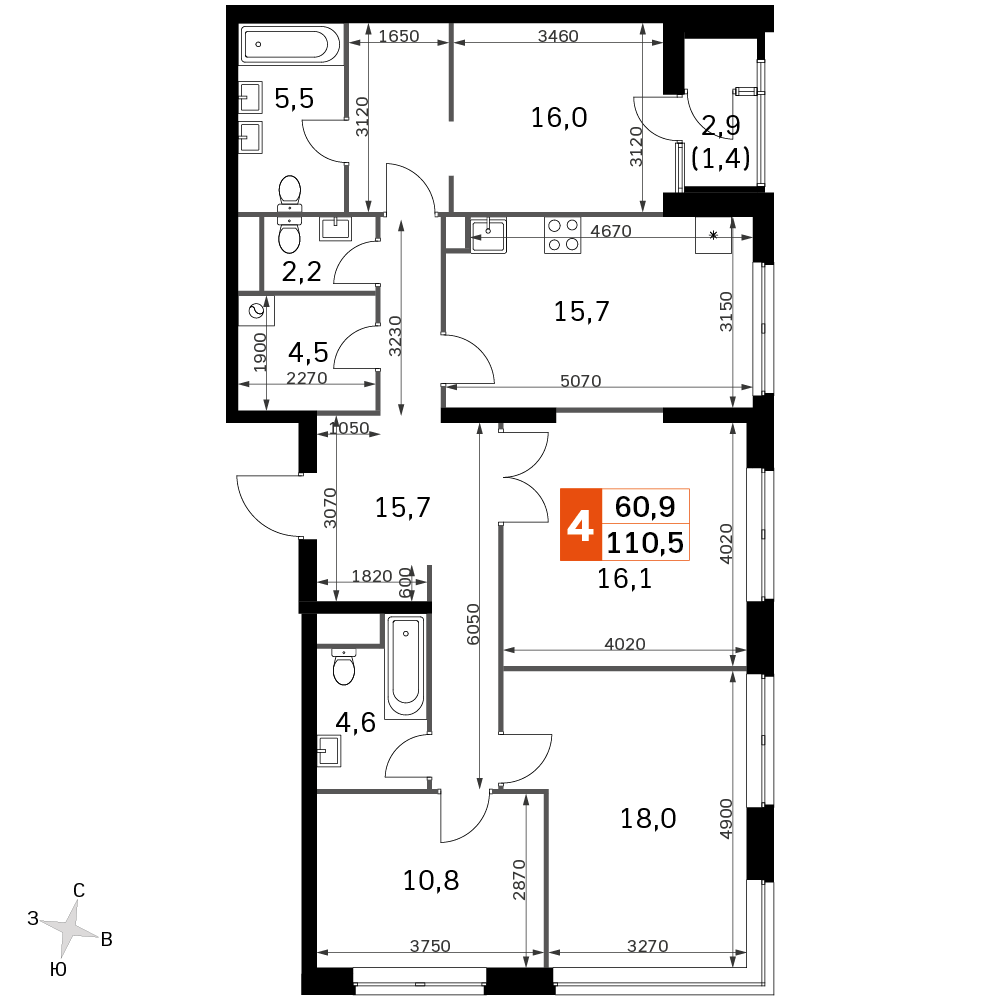 4-комнатная 110 м2 в ЖК Sky Garden корпус null этаж 28