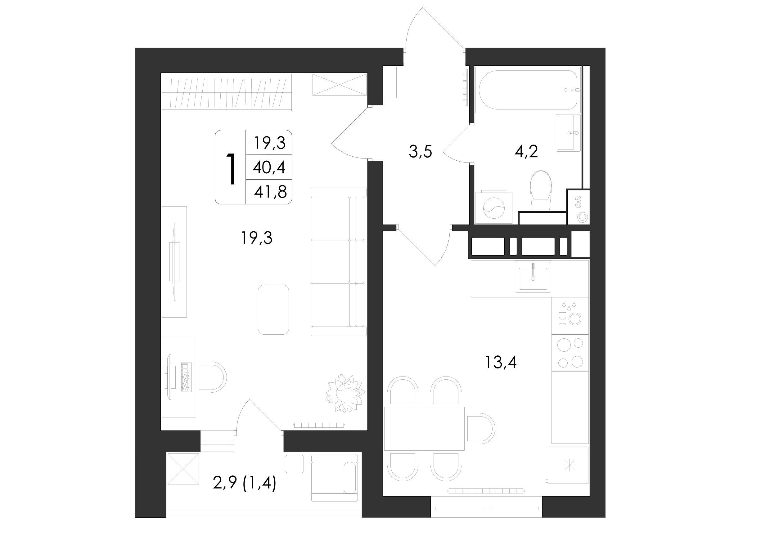 1-комнатная 41 м2 в ЖК Яблоневые сады корпус null этаж 10