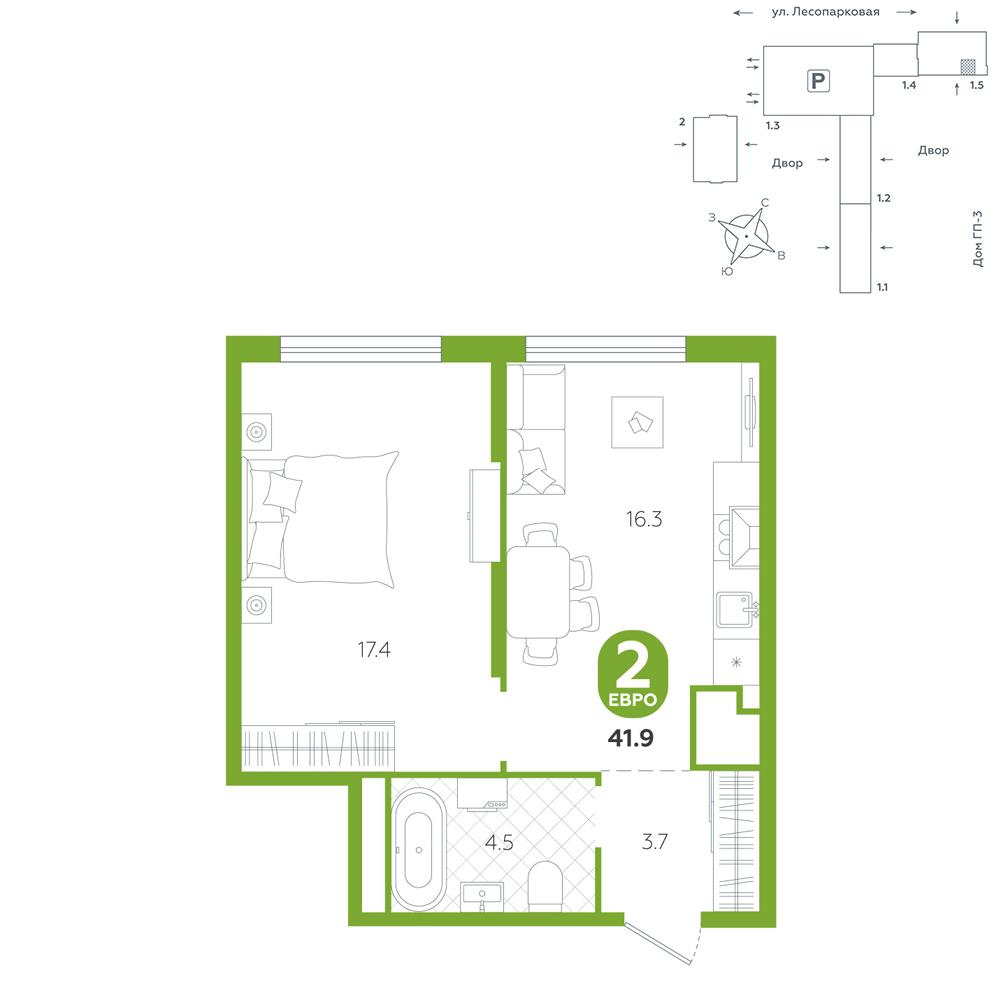 1-комнатная 41 м2 в ЖК Чистые пруды корпус null этаж 22