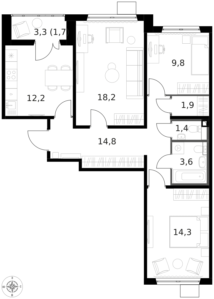 3-комнатная 77 м2 в ЖК 1-й Ленинградский корпус null этаж 14