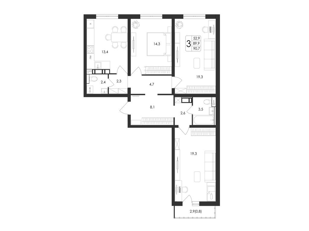 3-комнатная 90 м2 в ЖК Май корпус null этаж 15