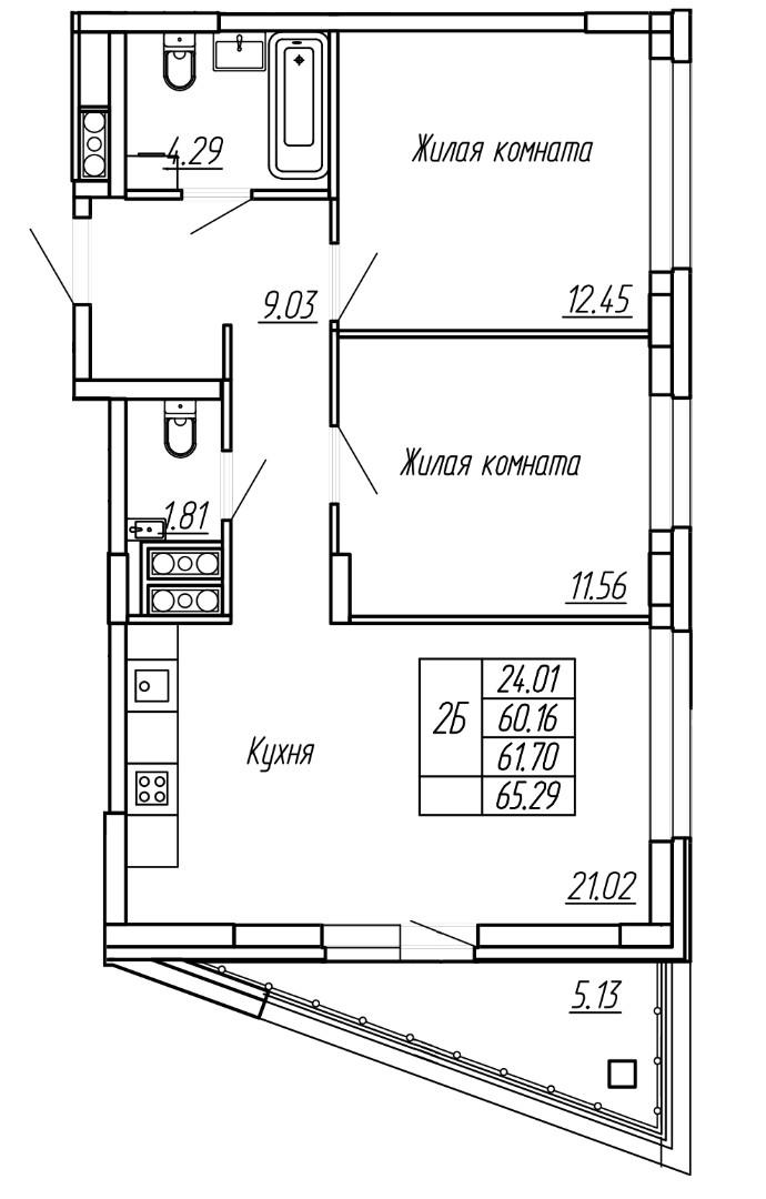 2-комнатная 61 м2 в ЖК Два Капитана корпус null этаж 14