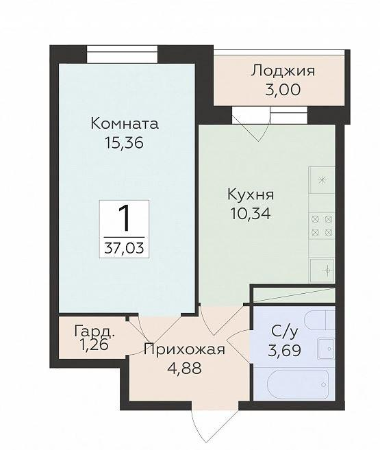 1-комнатная 37 м2 в ЖК undefined корпус null этаж 8