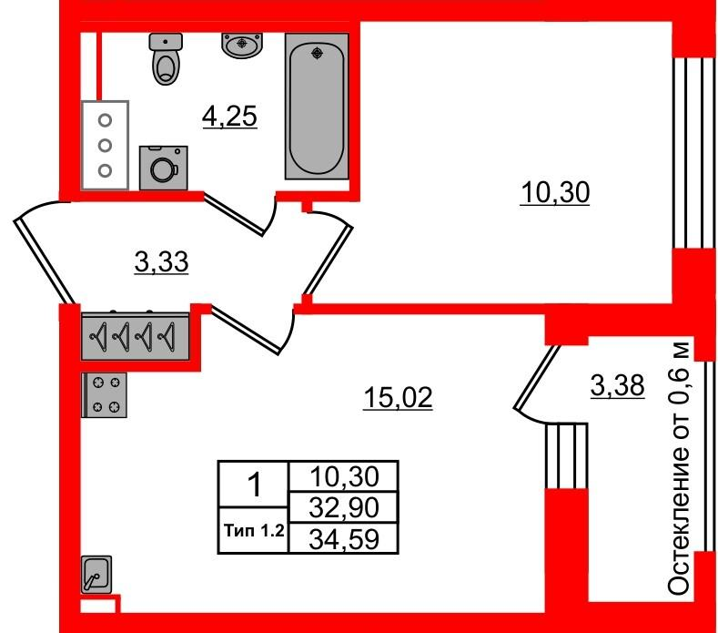1-комнатная 32 м2 в ЖК Setl Ривьера корпус null этаж 5