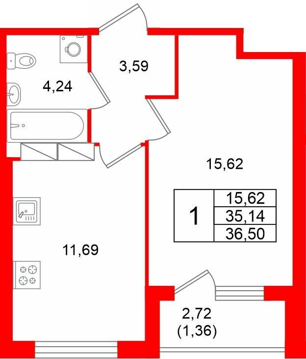 1-комнатная 36 м2 в ЖК Квартал Заречье корпус null этаж 8