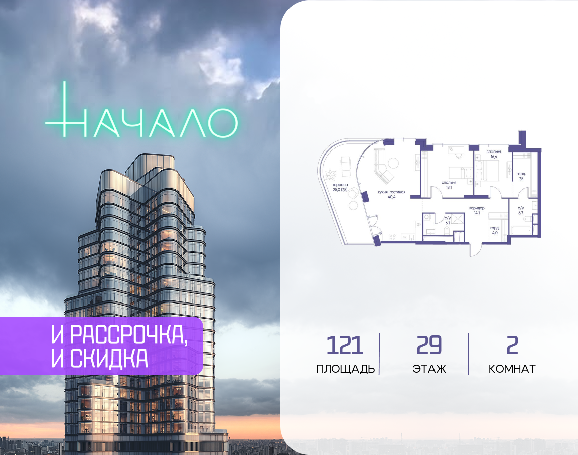 2-комнатная 121 м2 в ЖК Начало корпус null этаж 29