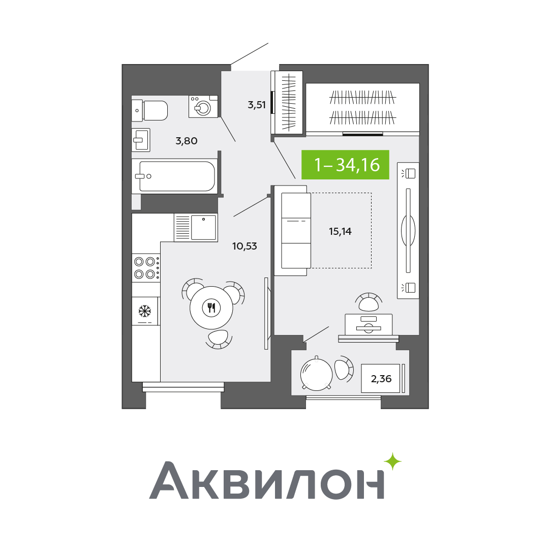 1-комнатная 34 м2 в ЖК Аквилон CITY Towers корпус null этаж 14