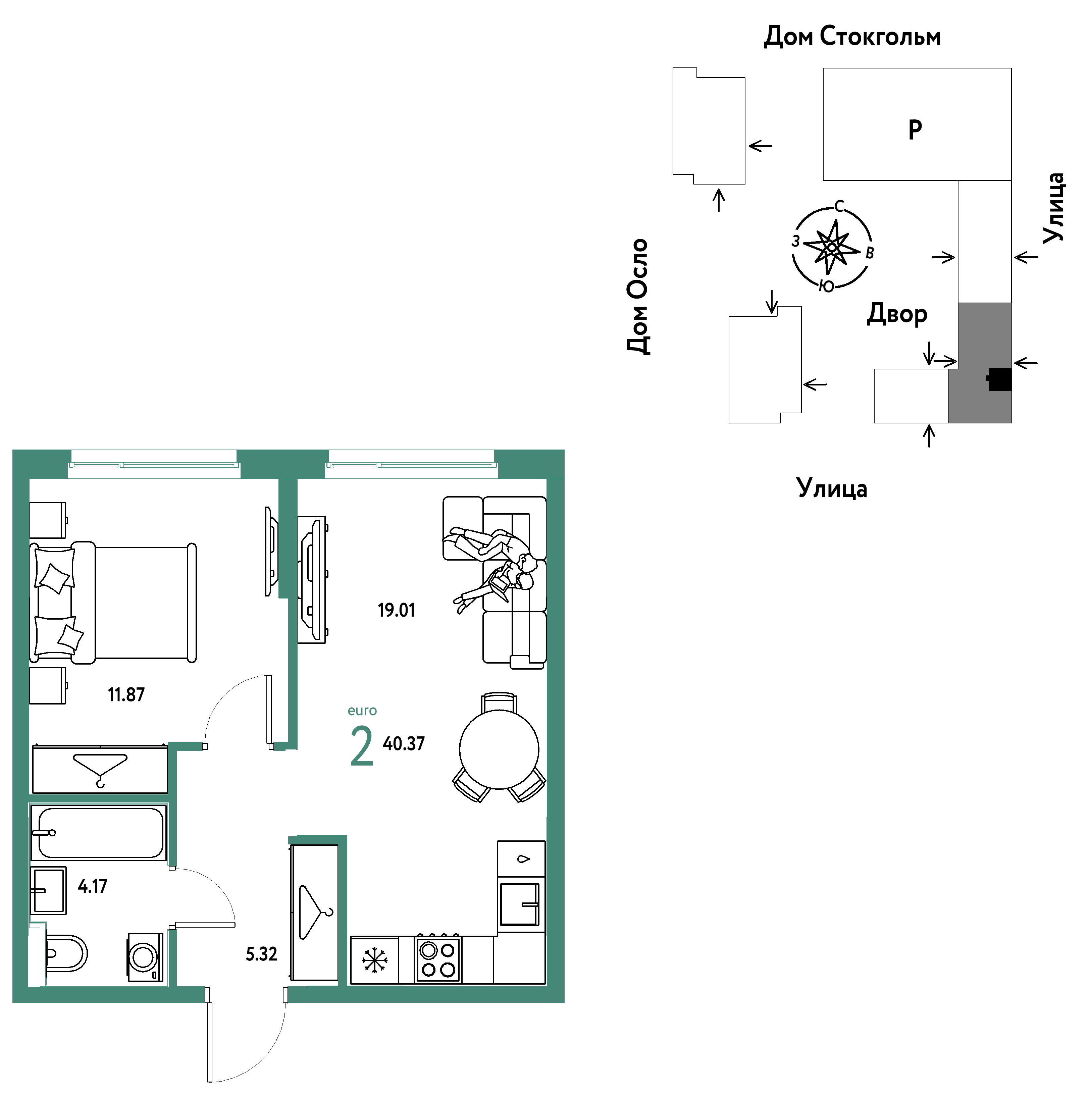 2-комнатная 40 м2 в ЖК Европейский берег 2.0 корпус null этаж 11