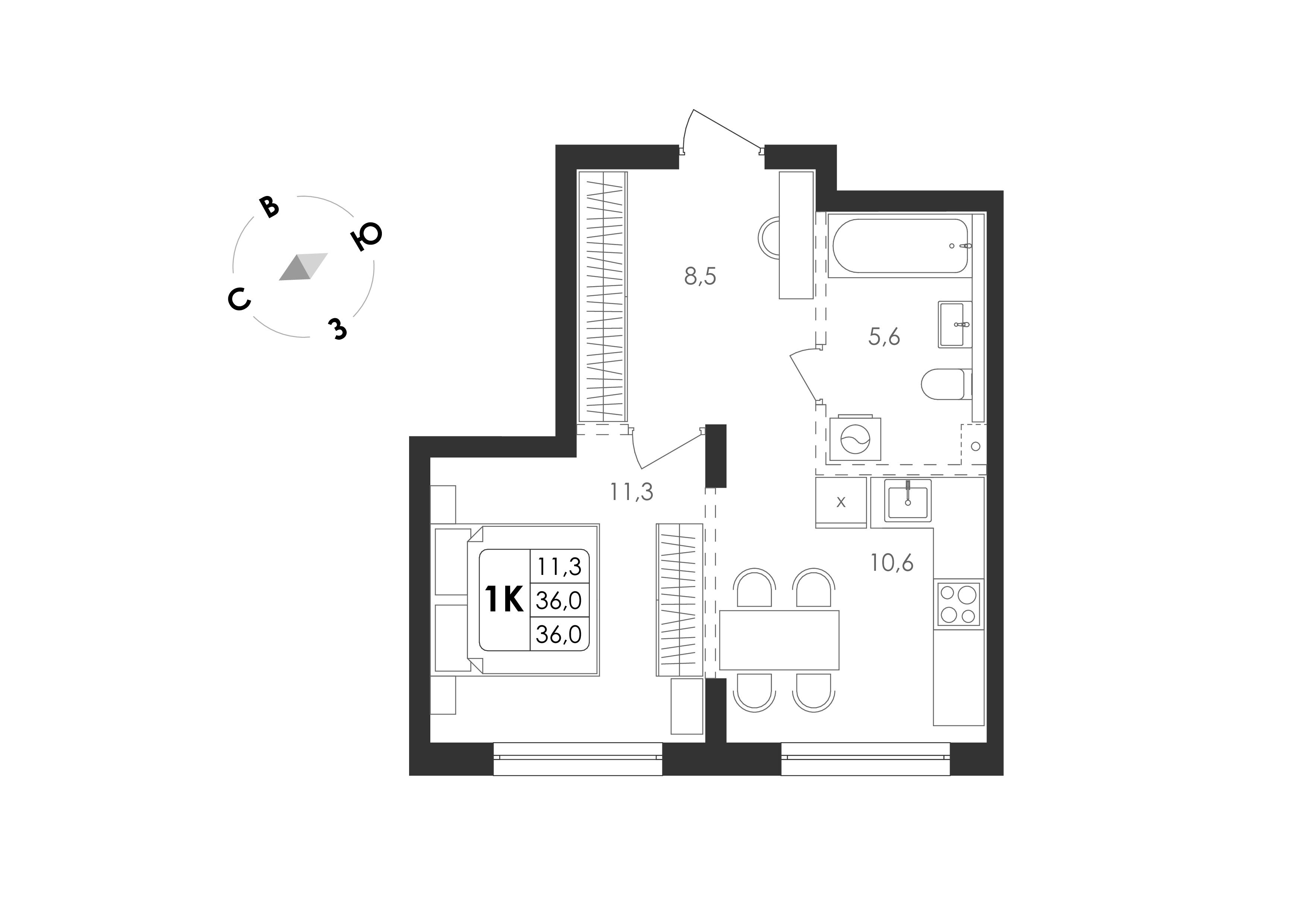 3-комнатная 55 м2 в ЖК Циолковский корпус null этаж 2