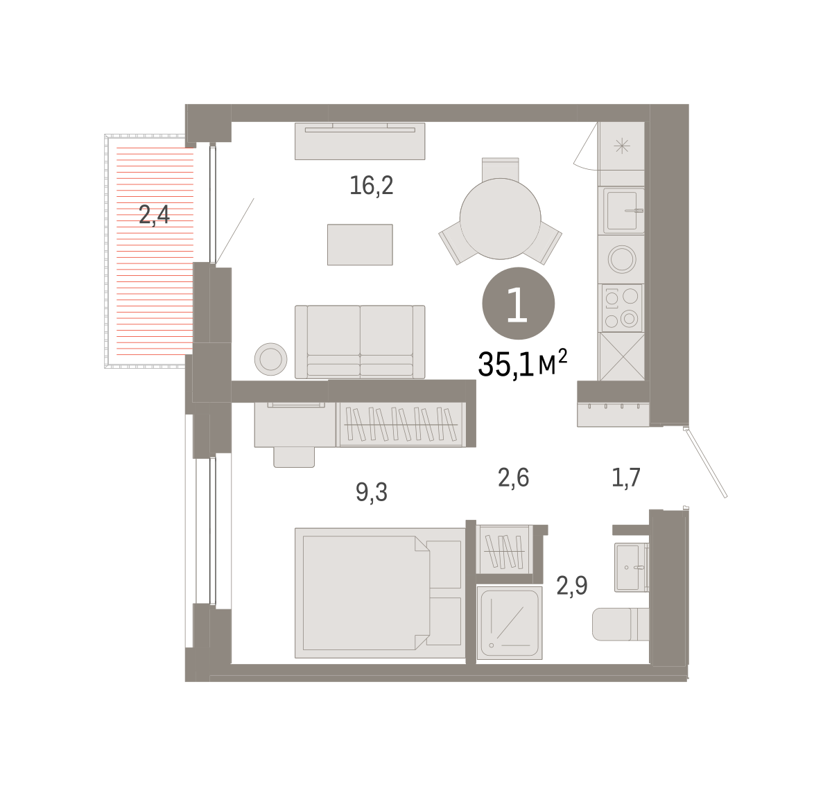 1-комнатная 35 м2 в ЖК Зарека корпус null этаж 7