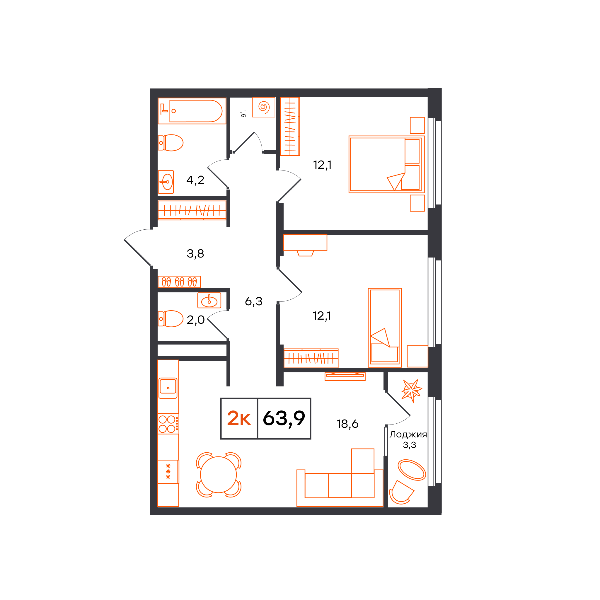 2-комнатная 63 м2 в ЖК Отличие корпус null этаж 5