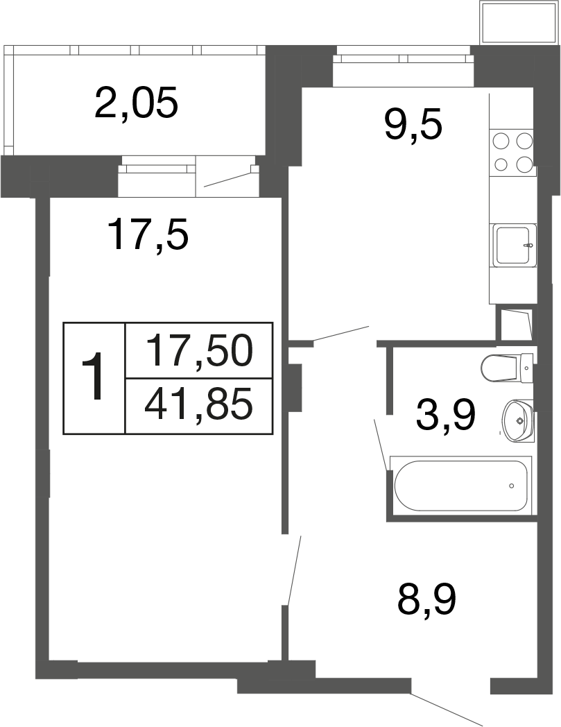 1-комнатная 41 м2 в ЖК Времена года корпус null этаж 1