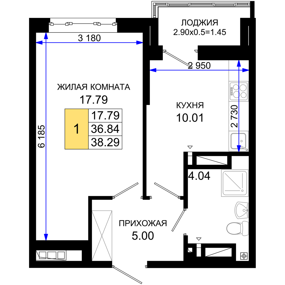 1-комнатная 38 м2 в ЖК Октябрь парк корпус null этаж 11