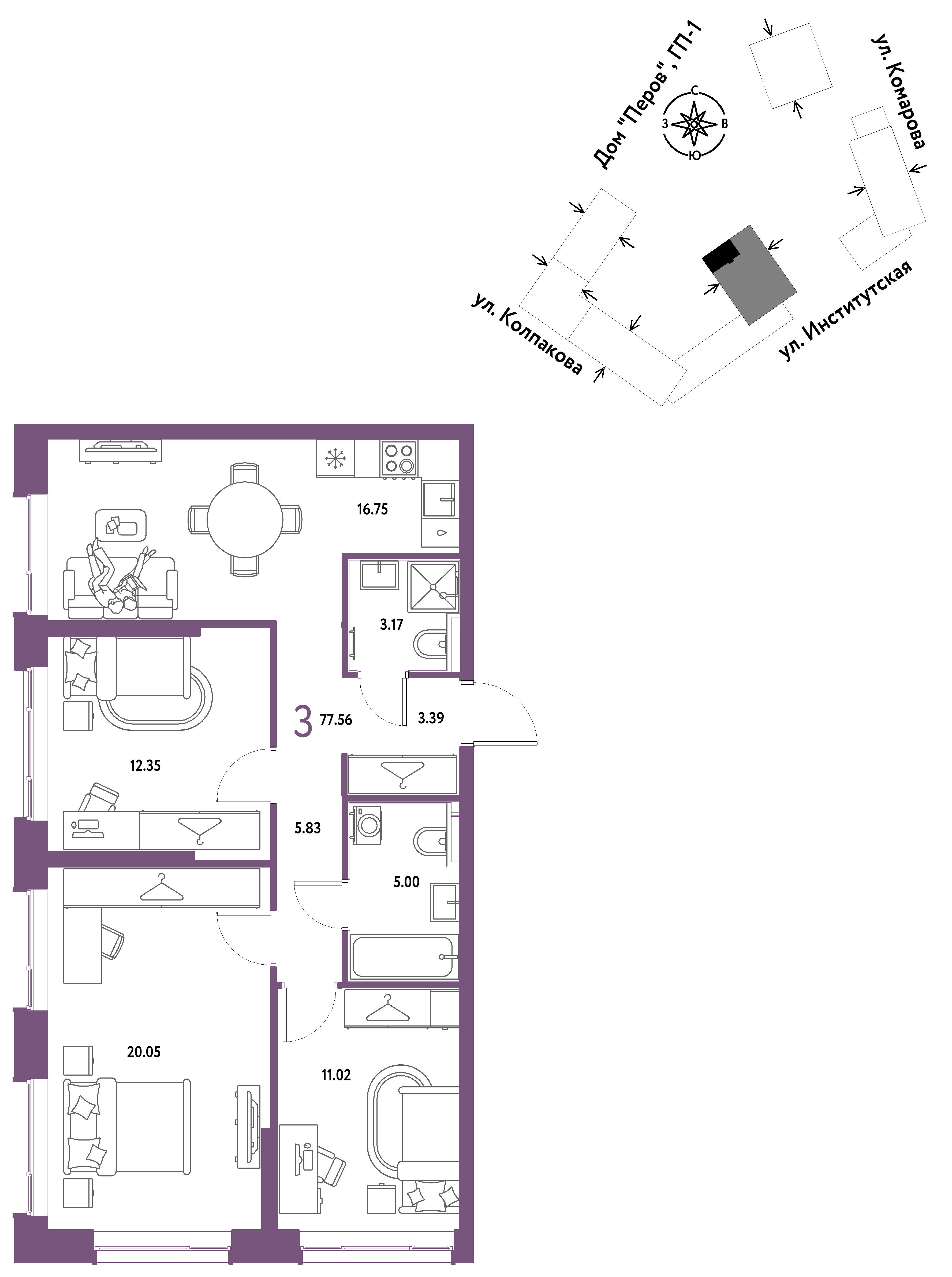 3-комнатная 77 м2 в ЖК Страна.Парковая корпус null этаж 11