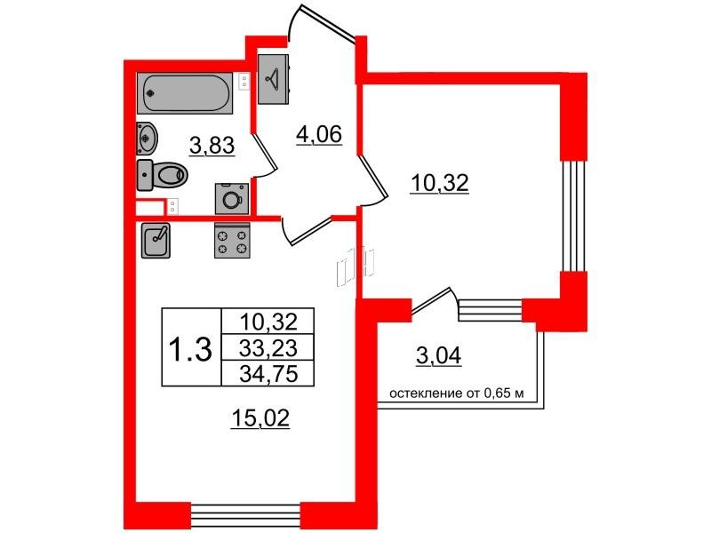 1-комнатная 33 м2 в ЖК Univer City корпус null этаж 2