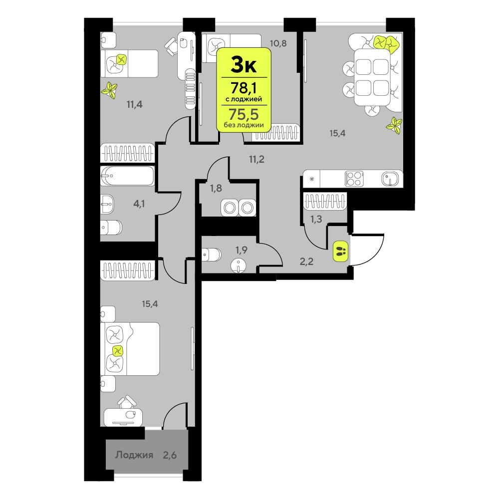 3-комнатная 78 м2 в ЖК Мотивы корпус null этаж 6