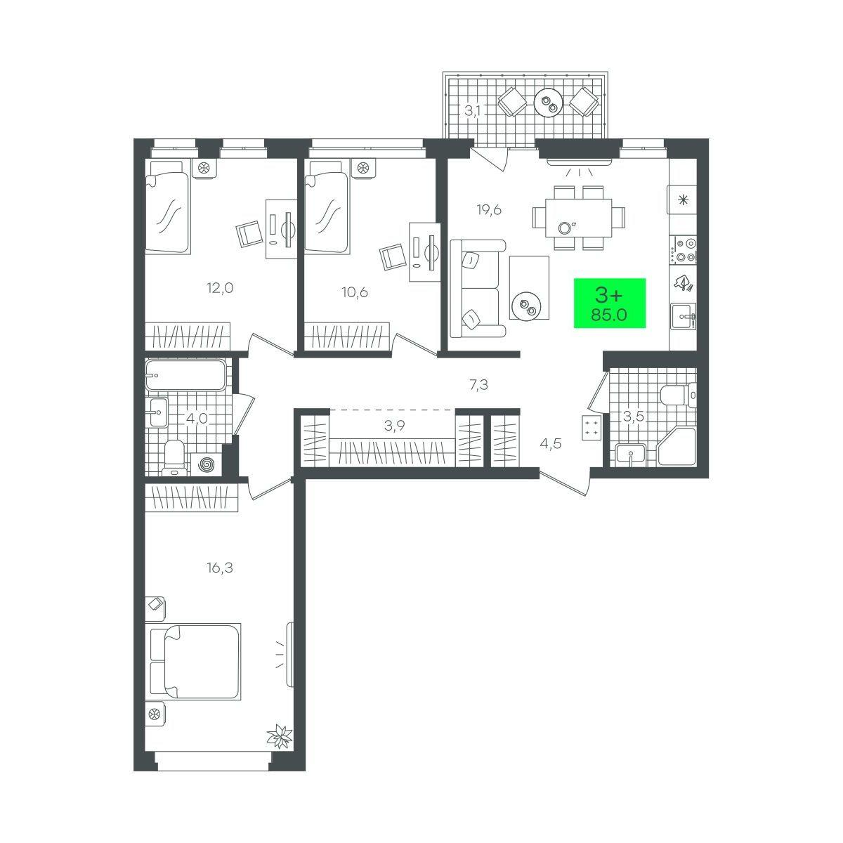 3-комнатная 85 м2 в ЖК Сезоны корпус null этаж 3