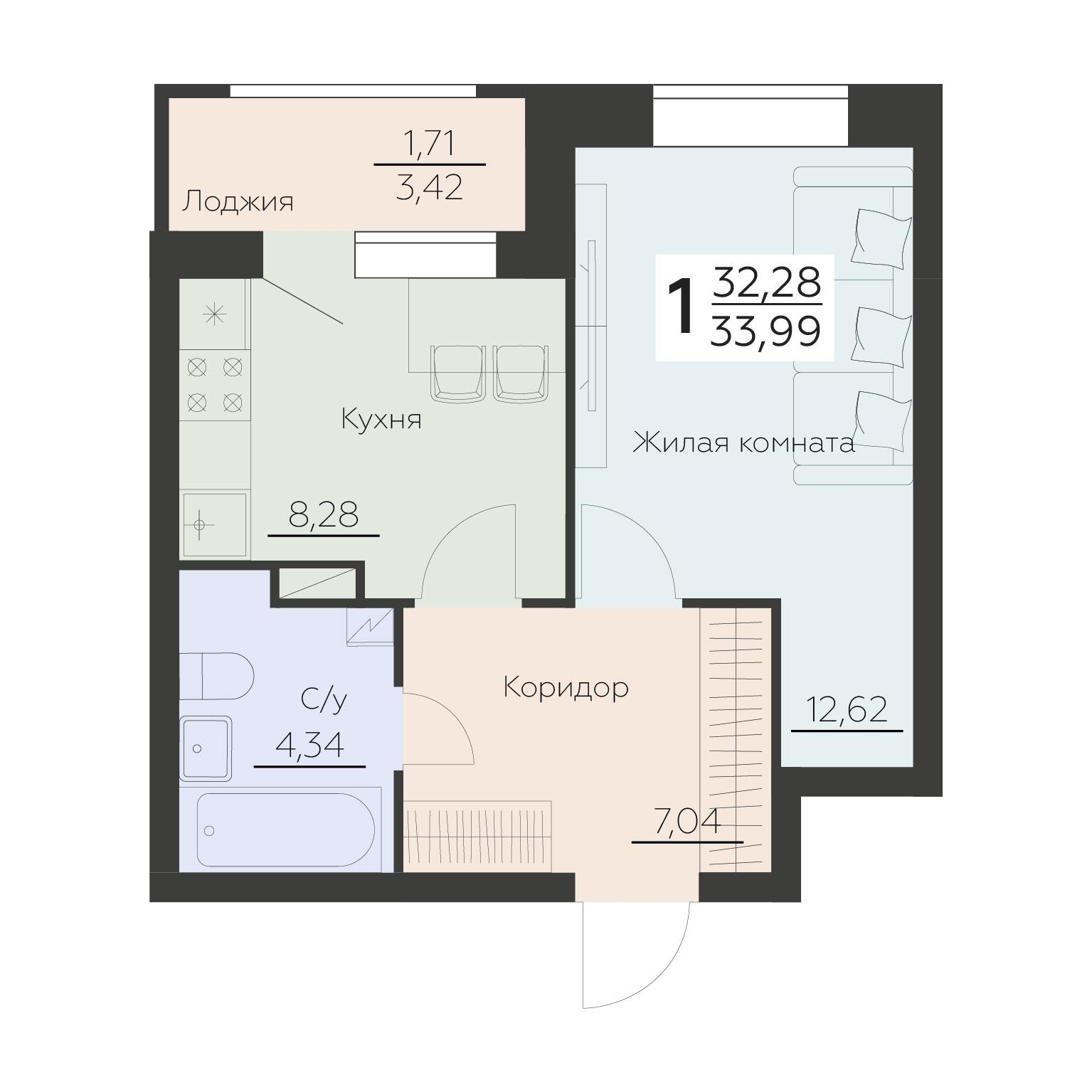1-комнатная 33 м2 в ЖК Заря корпус null этаж 14