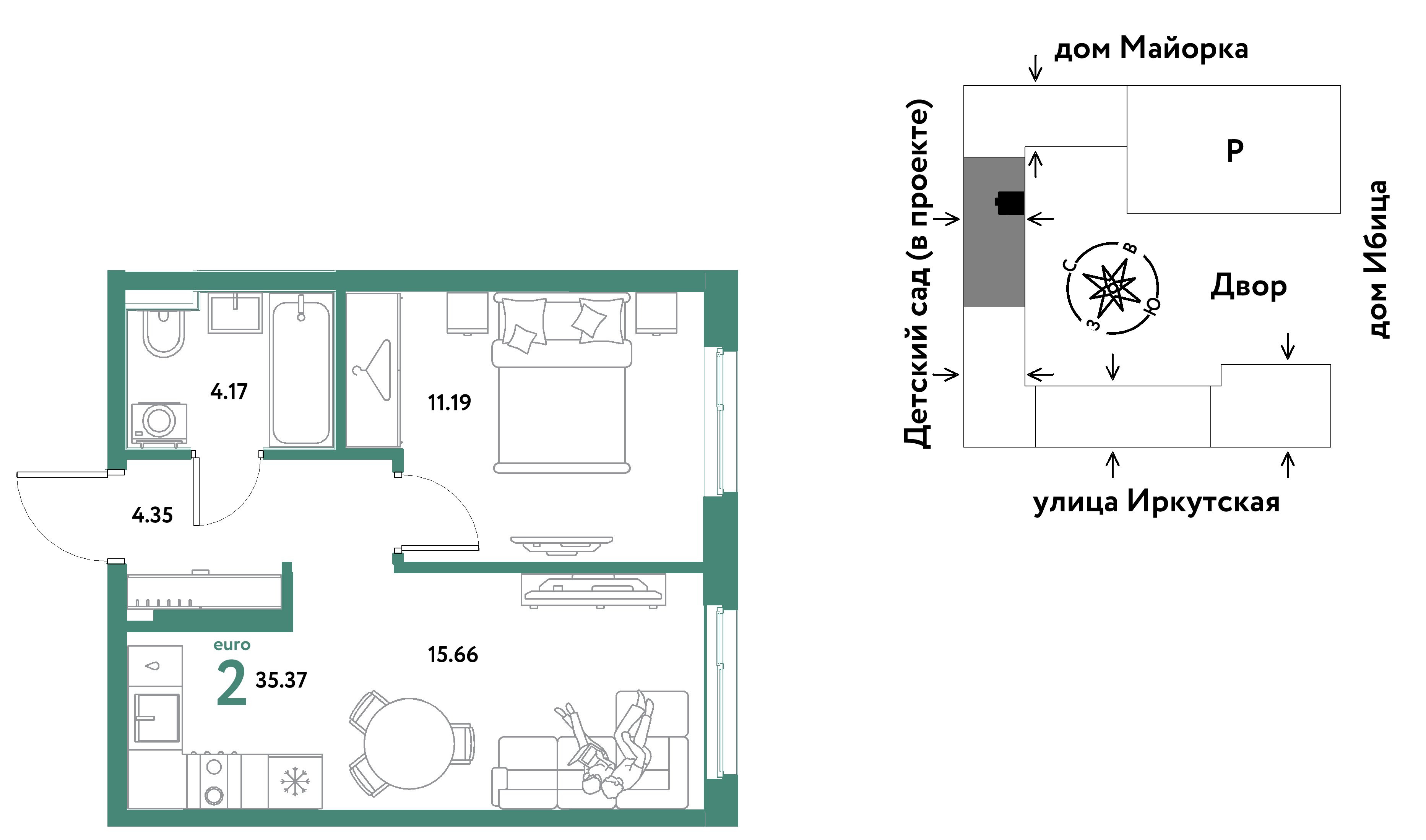 2-комнатная 35 м2 в ЖК Остров-сад корпус null этаж 15