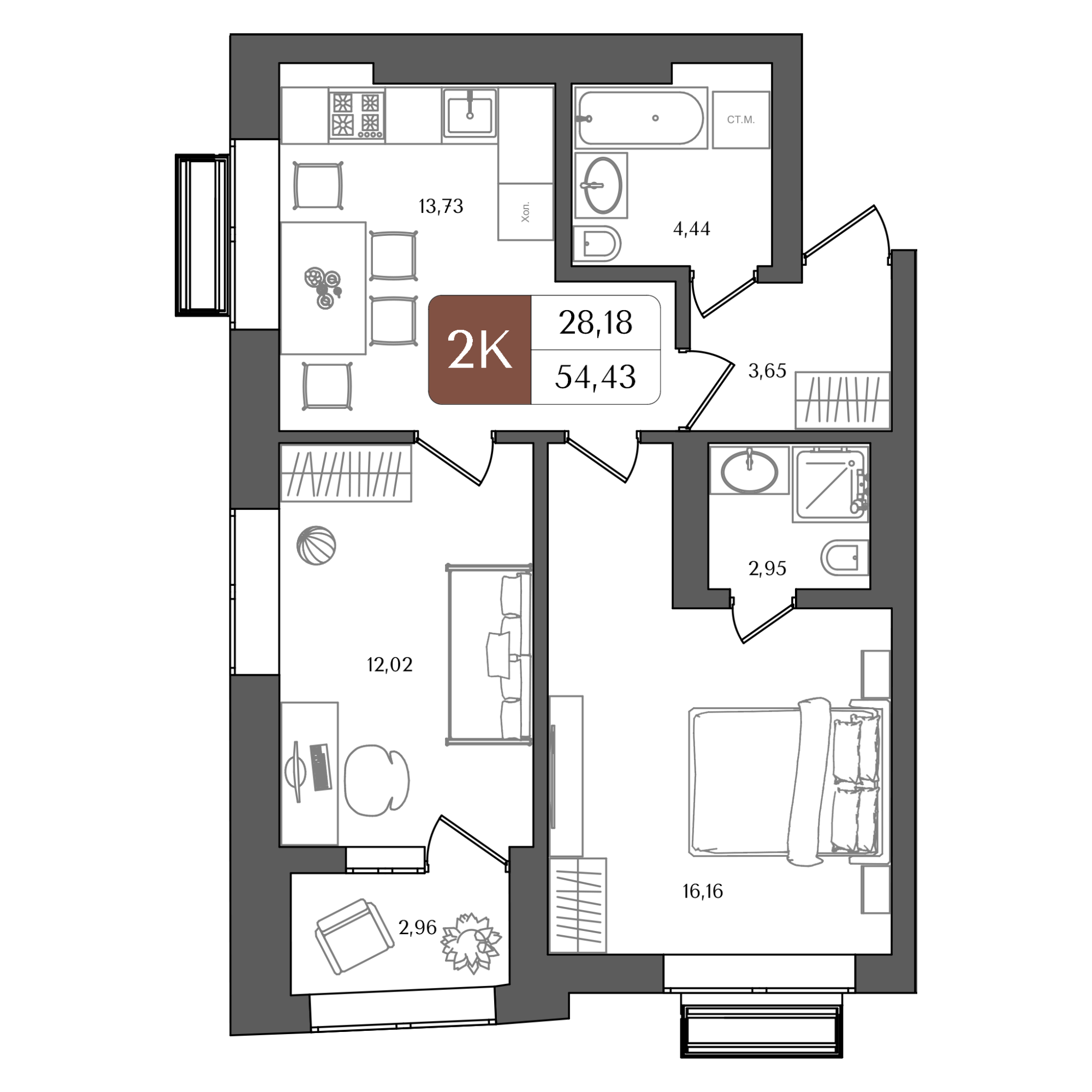 2-комнатная 54 м2 в ЖК Холмогоры корпус null этаж 5