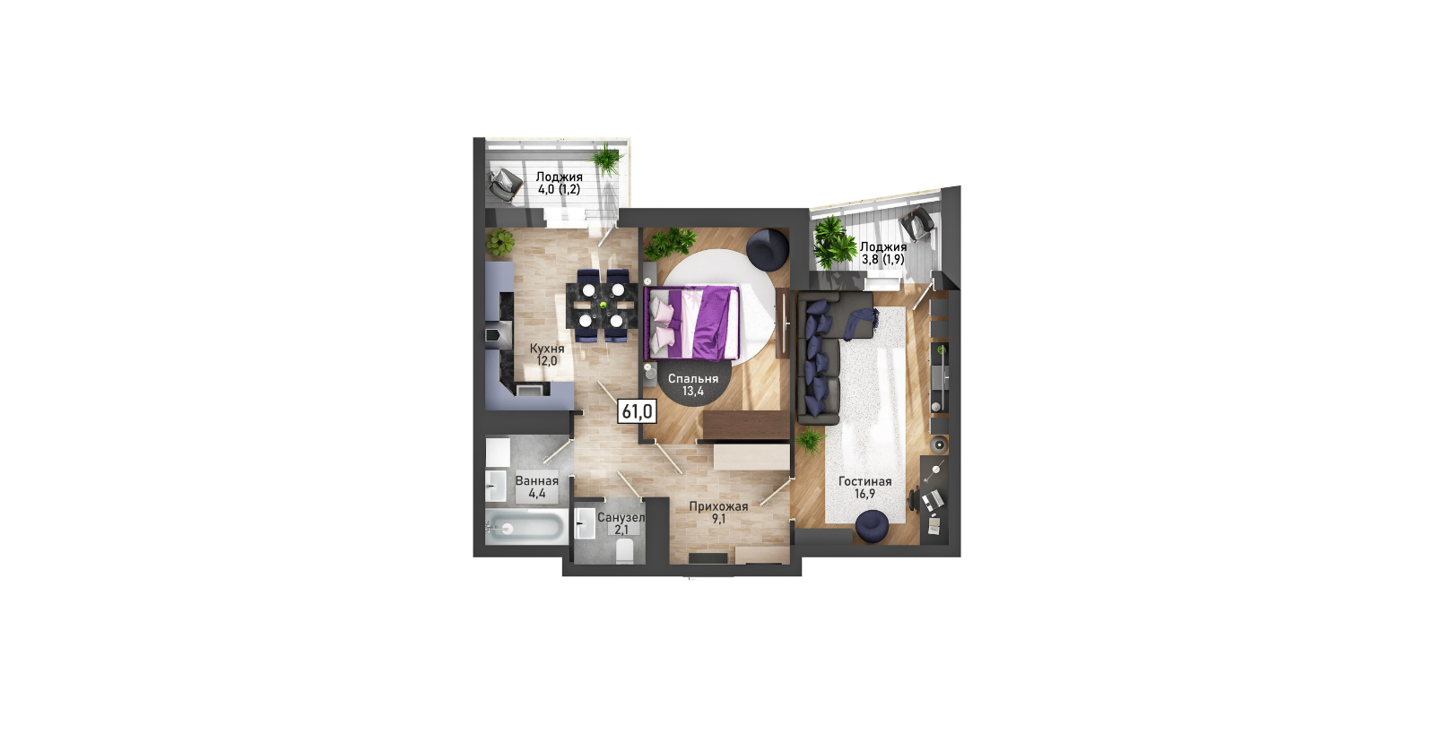 2-комнатная 61 м2 в ЖК undefined корпус null этаж 10