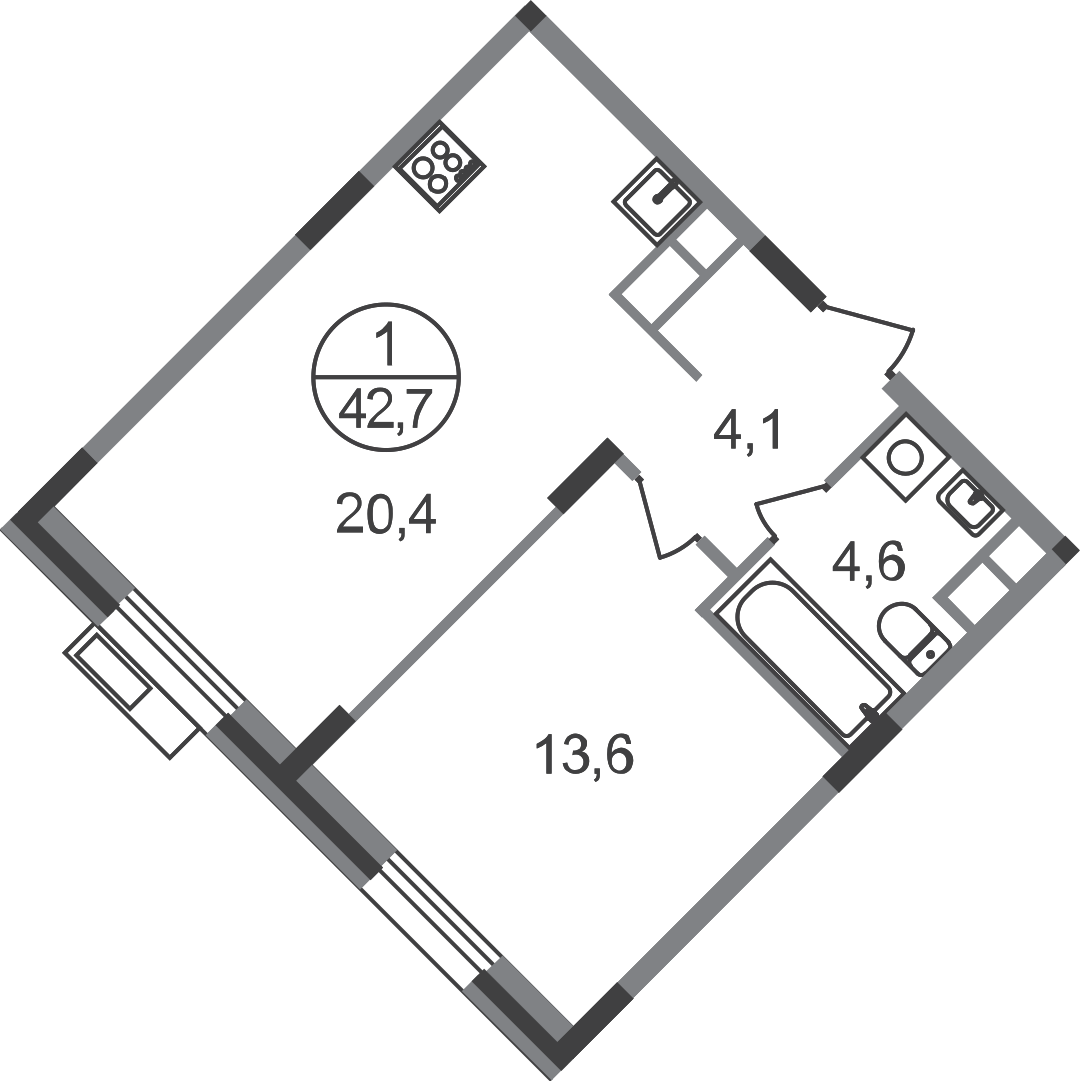1-комнатная 42 м2 в ЖК Резиденции Сколково корпус null этаж 6