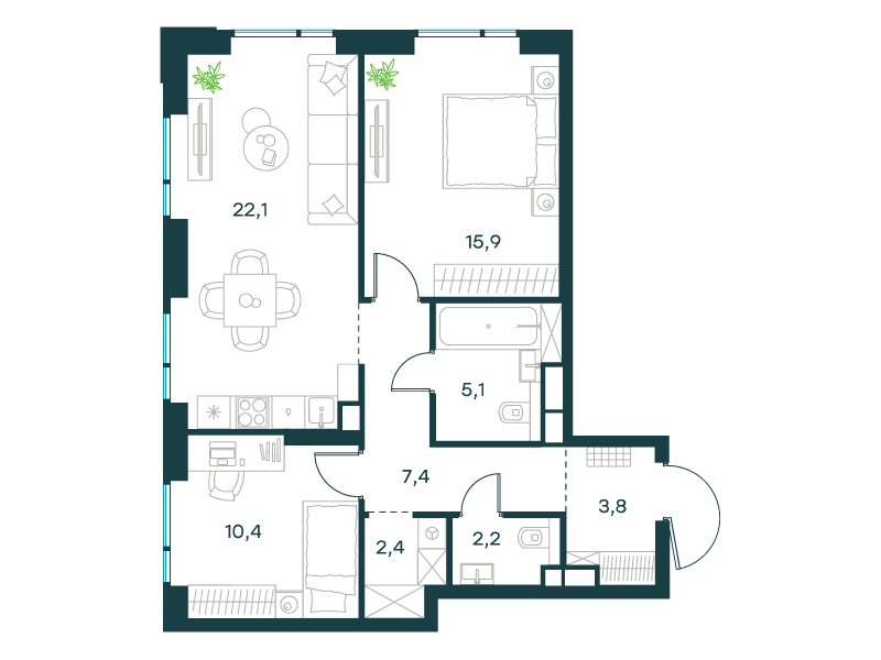 2-комнатная 69 м2 в ЖК Level Войковская корпус null этаж 4