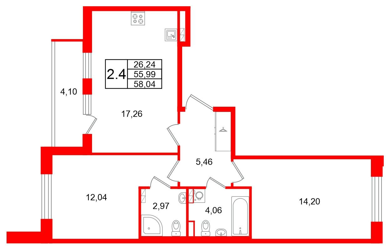2-комнатная 55 м2 в ЖК Univer City корпус null этаж 3