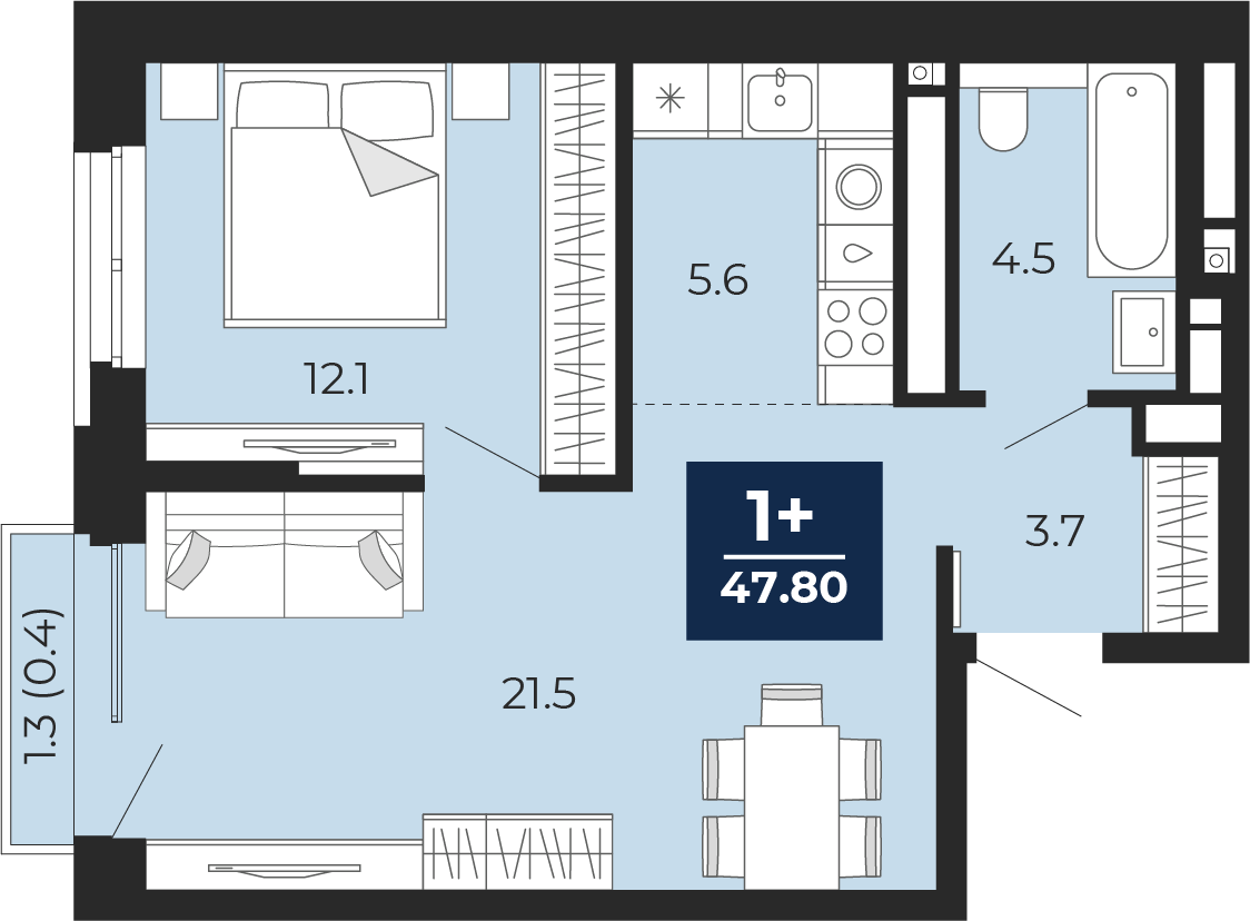 1-комнатная 47 м2 в ЖК Мириады корпус null этаж 6