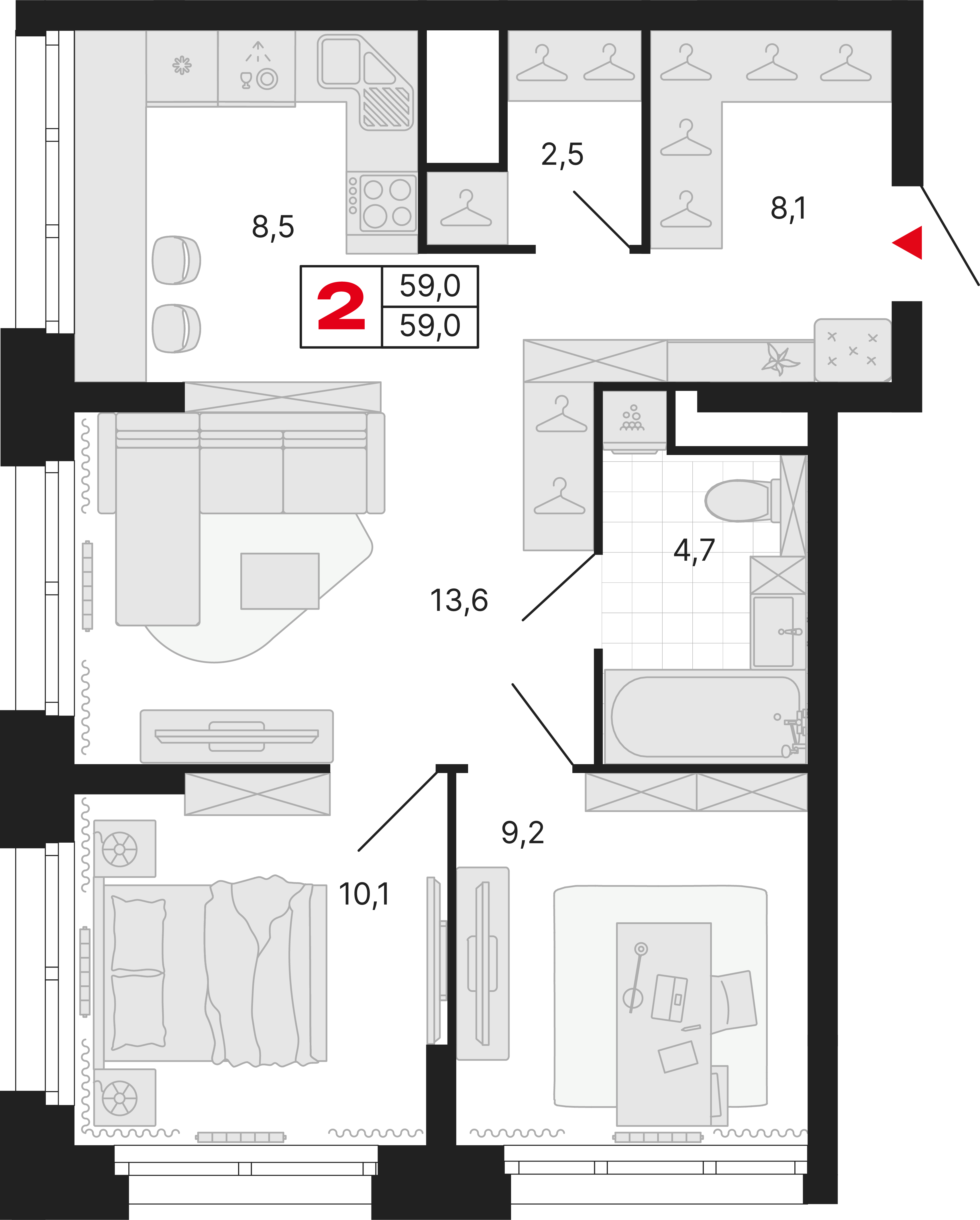 2-комнатная 59 м2 в ЖК Бестселлер корпус null этаж 14