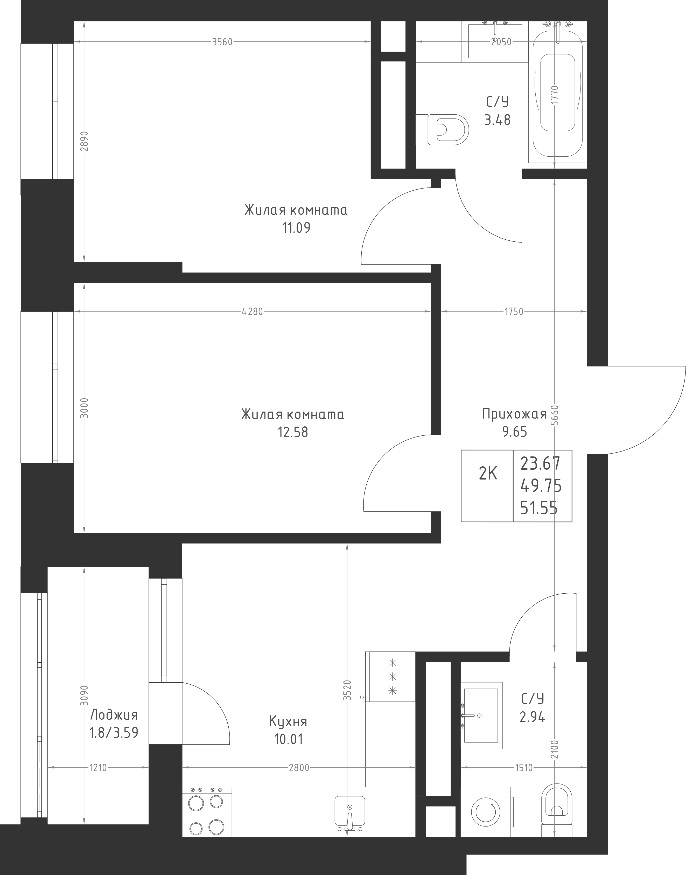 2-комнатная 51 м2 в ЖК Мой Ритм корпус null этаж 13