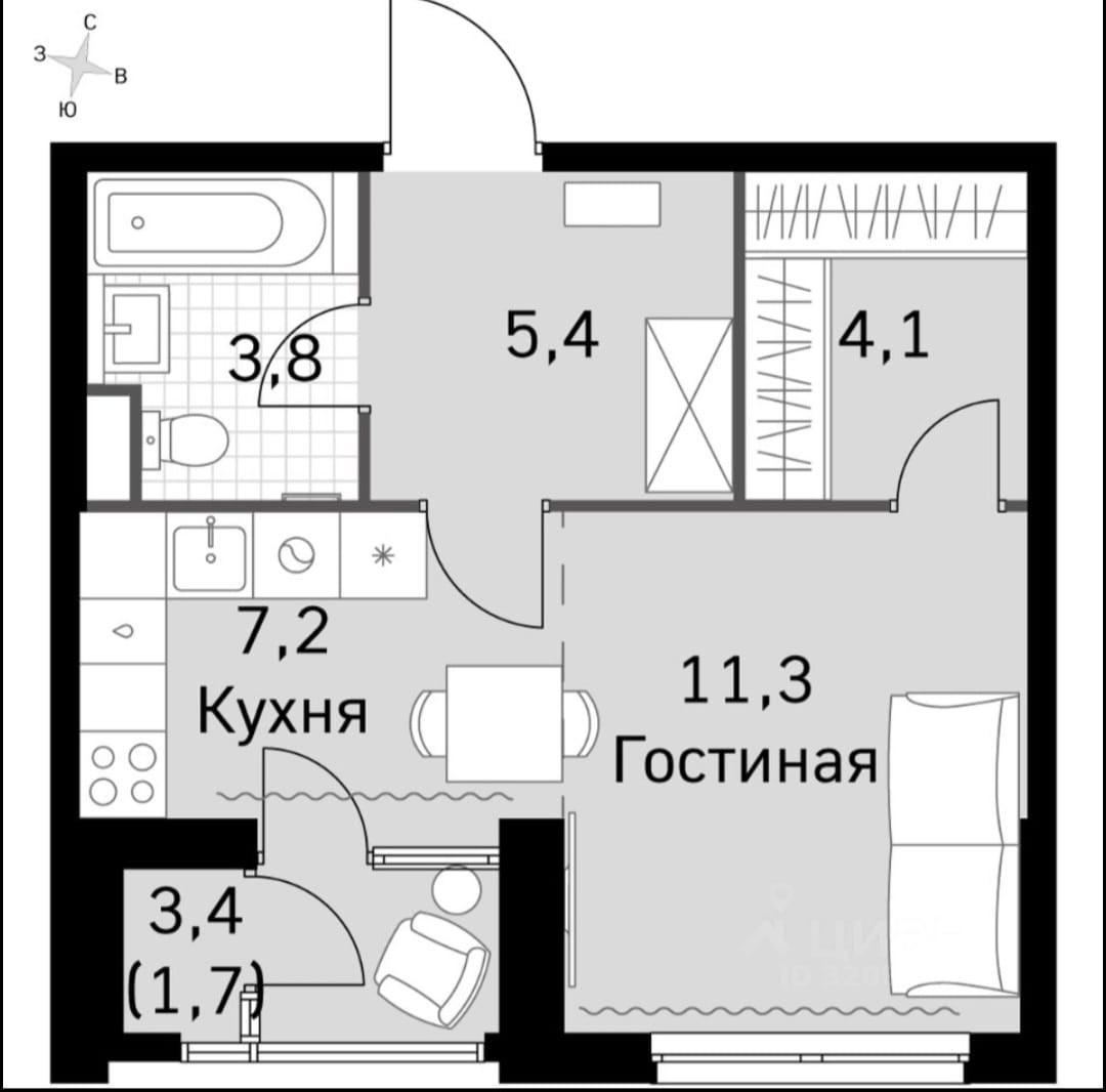 1-комнатная 34 м2 в ЖК undefined корпус null этаж 20