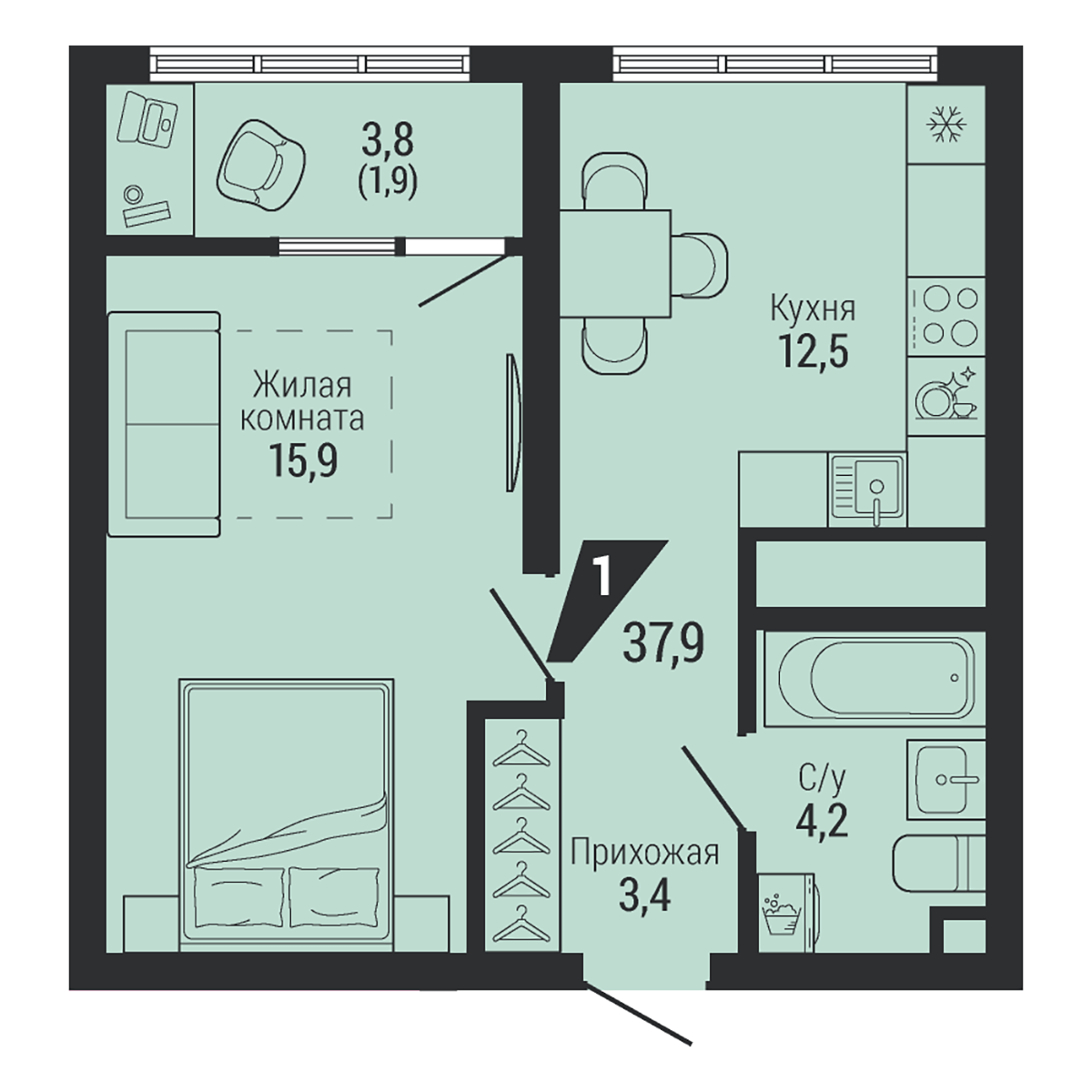 1-комнатная 37 м2 в ЖК Чкаловский парк корпус null этаж 7