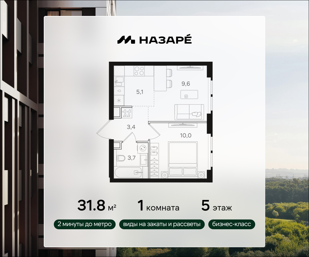 1-комнатная 31 м2 в ЖК НАЗАРÉ корпус null этаж 5