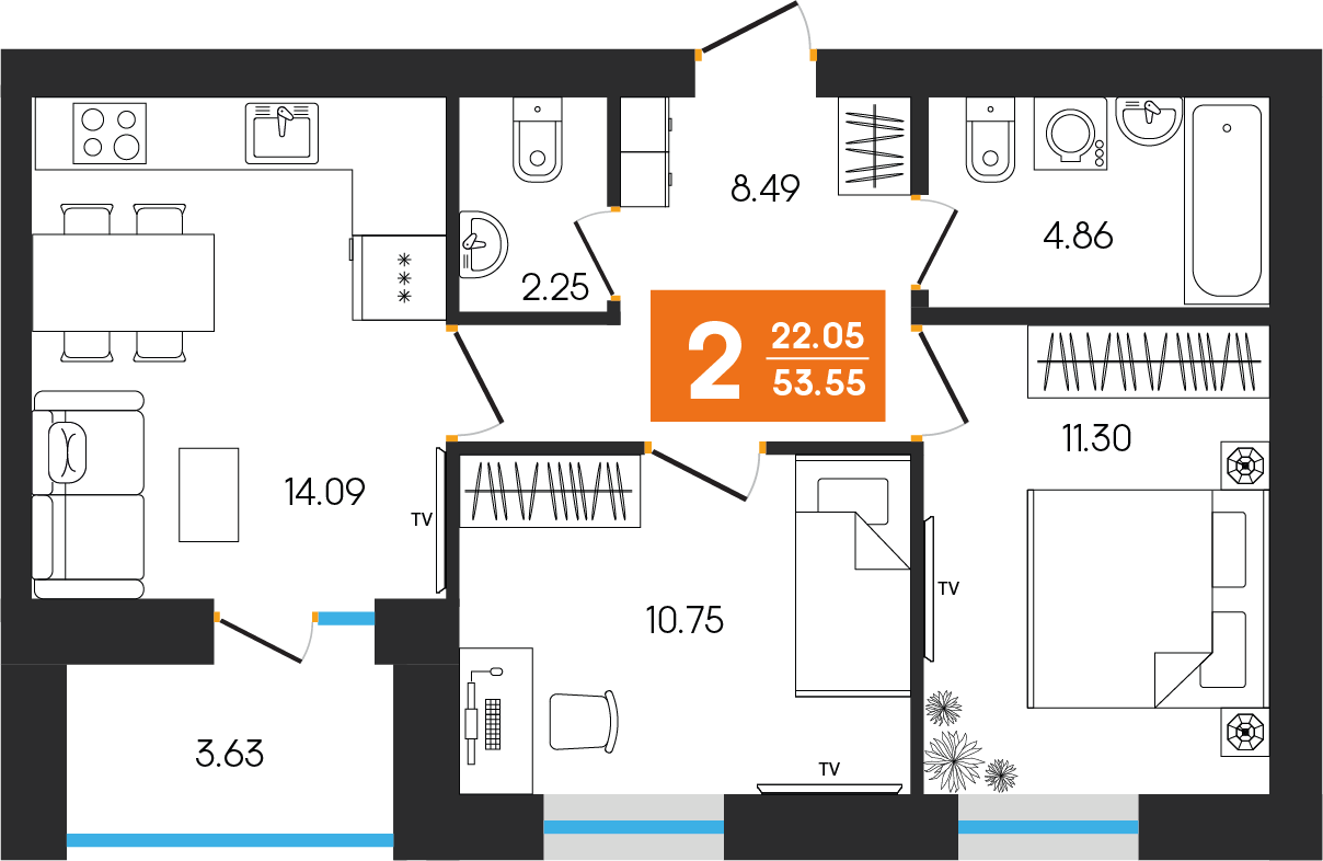 2-комнатная 53 м2 в ЖК Клубный дом Симфония корпус null этаж 7