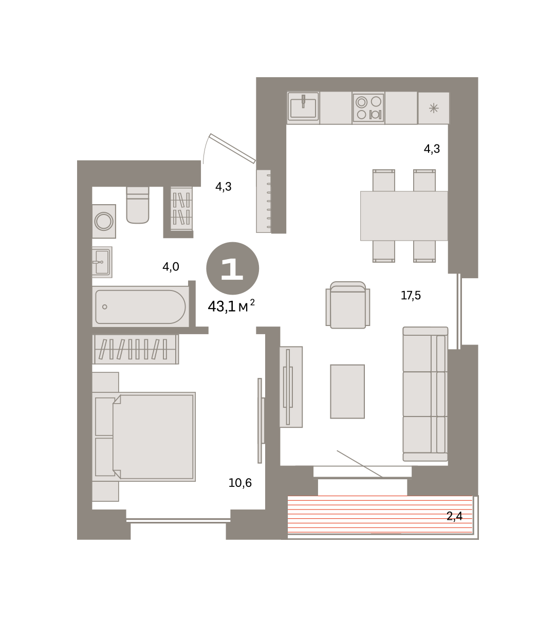 1-комнатная 43 м2 в ЖК Метроном корпус null этаж 5