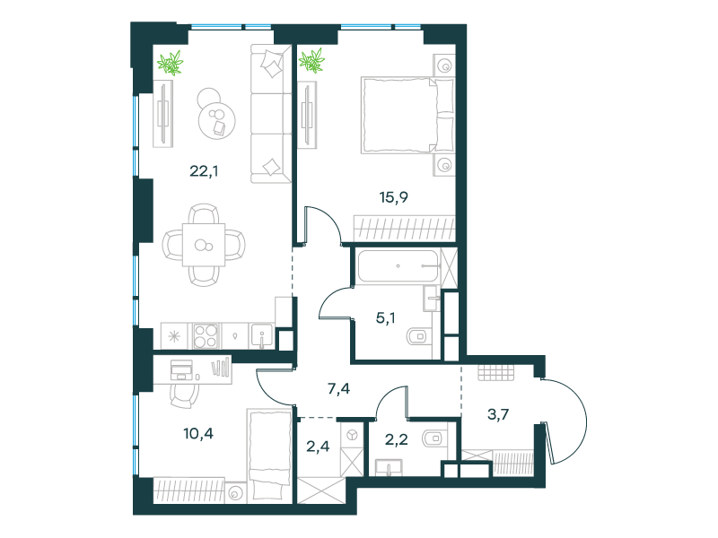 2-комнатная 69 м2 в ЖК Левел Войковская корпус null этаж 9