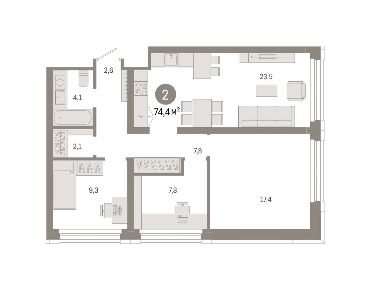 2-комнатная 74 м2 в ЖК Квартал Нефть корпус null этаж 2