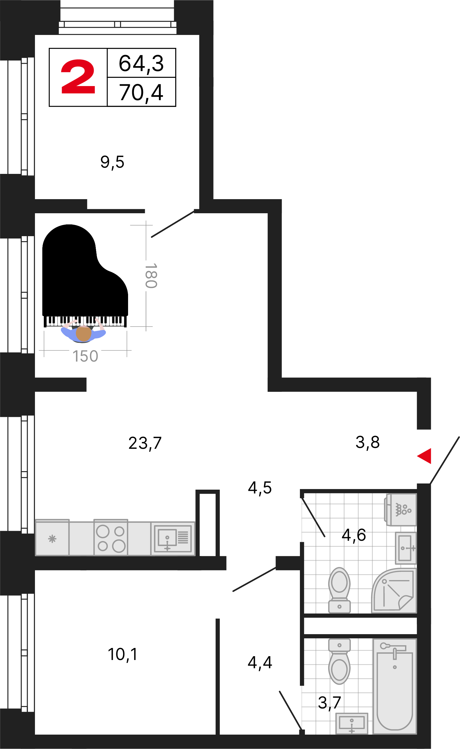 2-комнатная 64 м2 в ЖК Бестселлер корпус null этаж 13