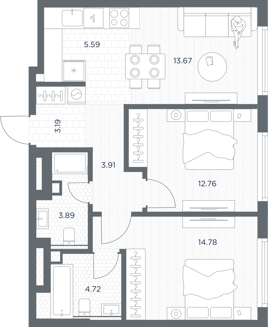 2-комнатная 62 м2 в ЖК TATE корпус null этаж 44