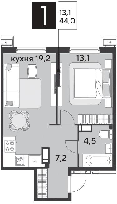 1-комнатная 43 м2 в ЖК Парк Победы 2 корпус null этаж 10