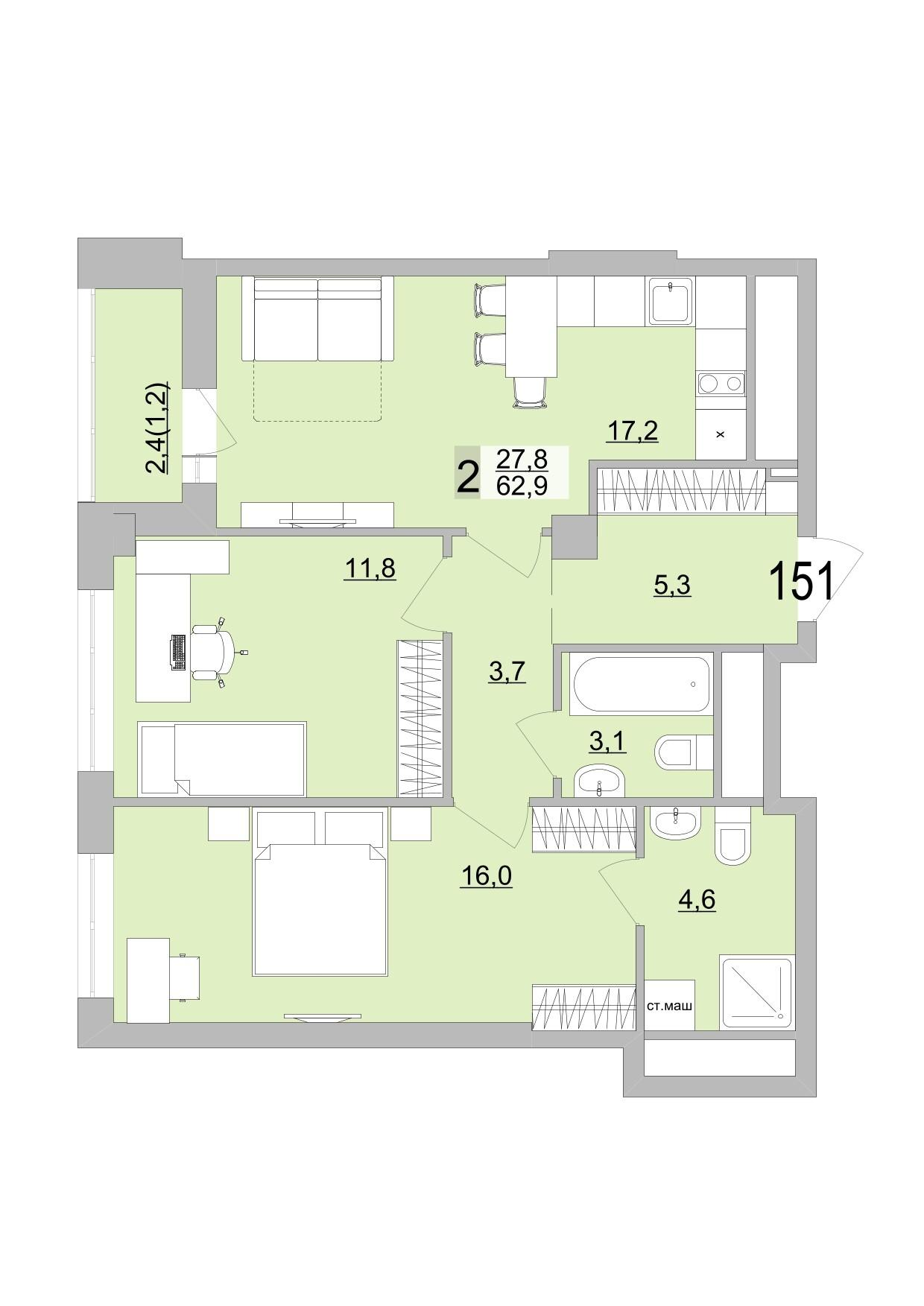 2-комнатная 64 м2 в ЖК Философия Идеалистов на Черкасской корпус null этаж 20