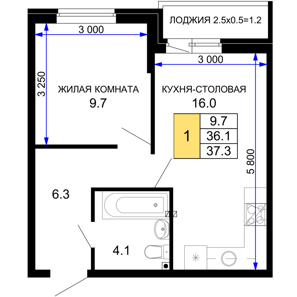 1-комнатная 37 м2 в ЖК Дыхание корпус null этаж 2