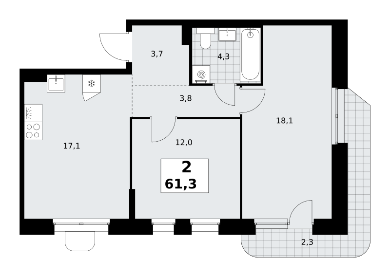 2-комнатная 61 м2 в ЖК Прокшино корпус null этаж 10